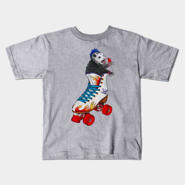 Rebellious Opossum With A Mohawk Sitting In Roller-Skate Eating A Sucker Kids T-Shirt by Ashley D Wilson